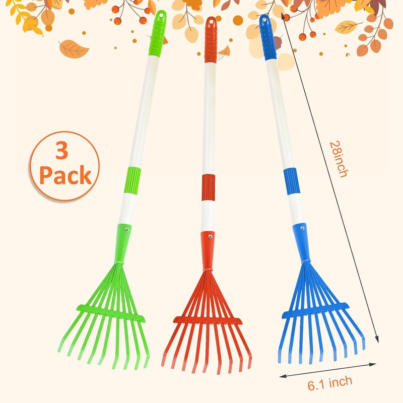 Fantang 3PCS Kids Rakes for Leaves, 28" Child Size Garden Rake Childrens Yard Lawn Rakes Toddler Leaf Rake with Detachable Hardwood Handle Metal Head Great Garden Tools for Boy Girl, Blue Red Green - Image 2
